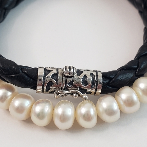 Balinese pearl necklace tooled sterling silver black braided leather cord Bali - Picture 3 of 12